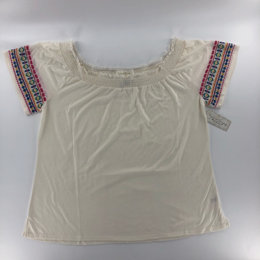 French Laundry Off Shoulder Embroidered Sleeve Top